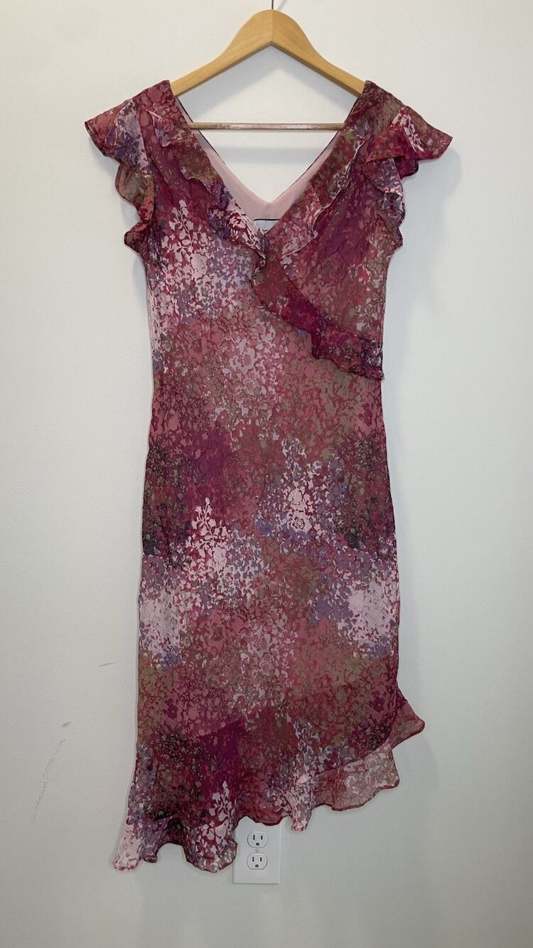 Breakin' Loose Y2K 90s Floral Ruffle V-Neck Asymetrical Midi Dress Pink Sz 9/10